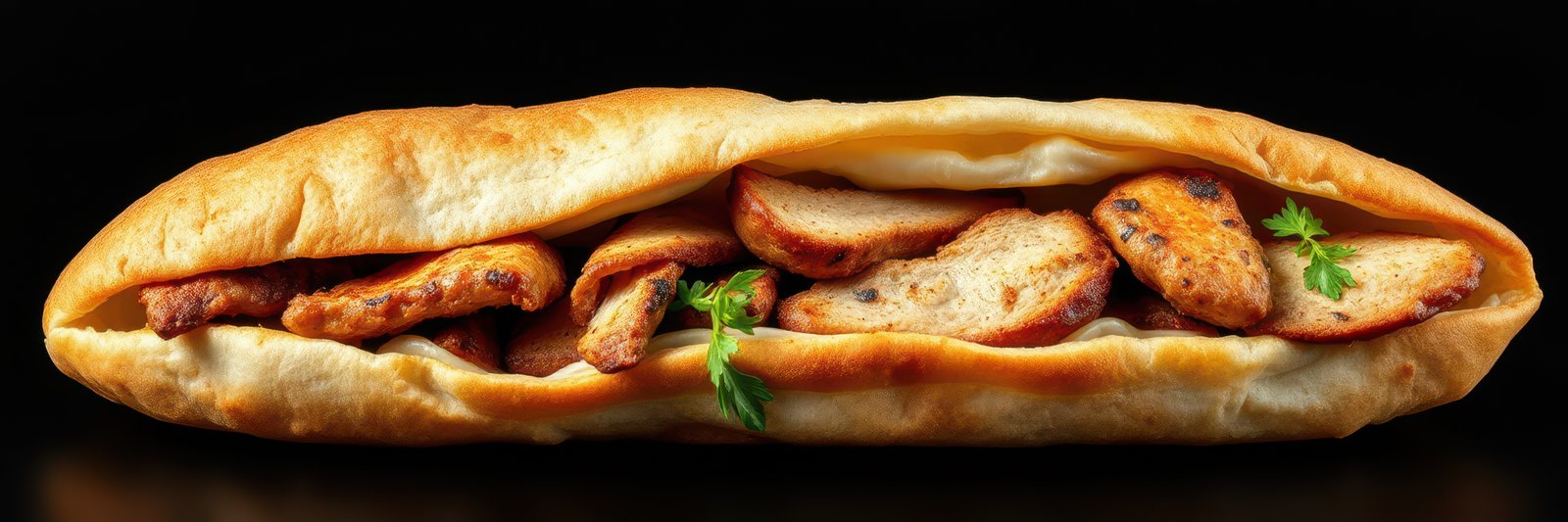 Delicious sandwich filled with crispy bites of bread and herbs served on a dark background